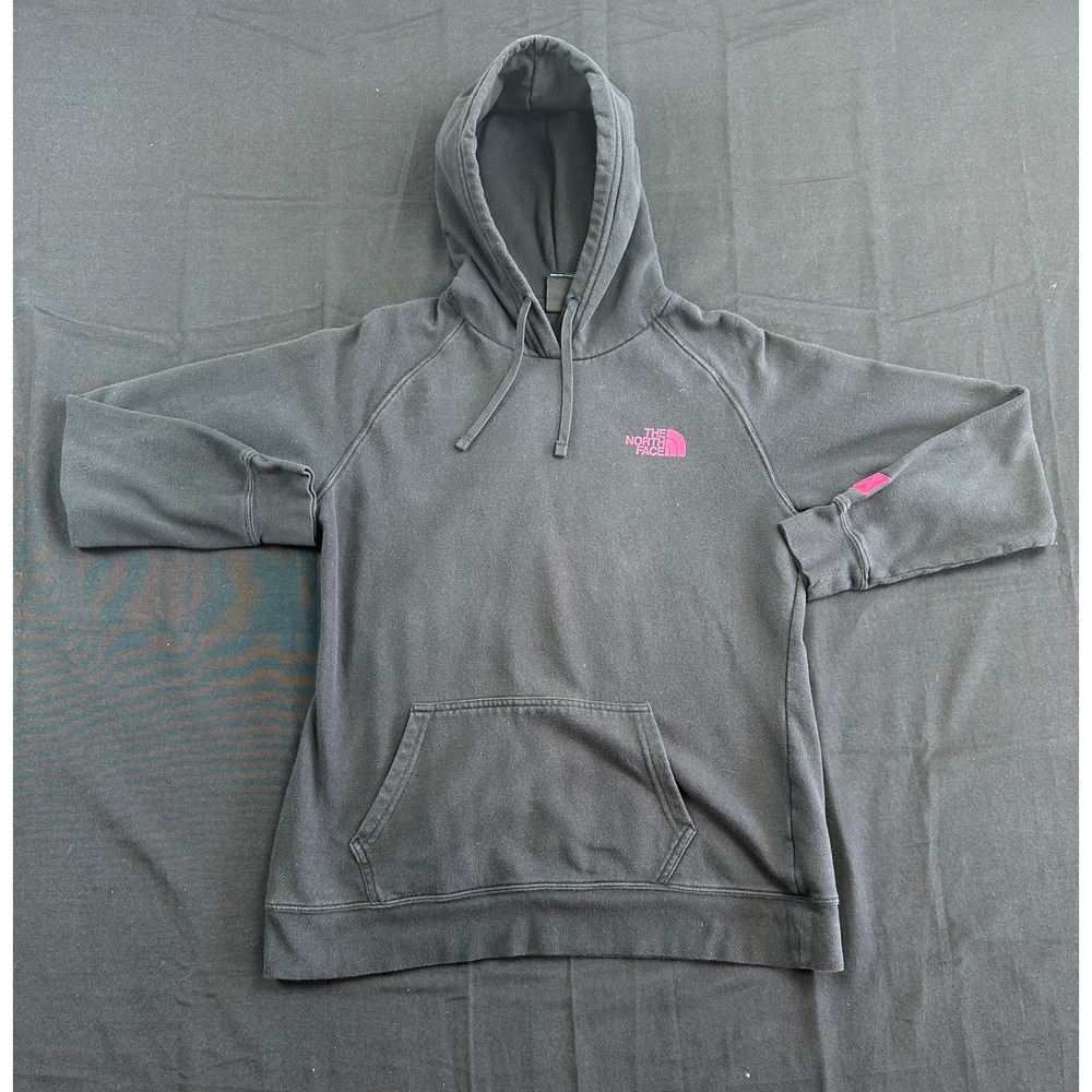 The North Face Womens Black Pink Box Logo Pullover Hoodie Raglan Fleece Large